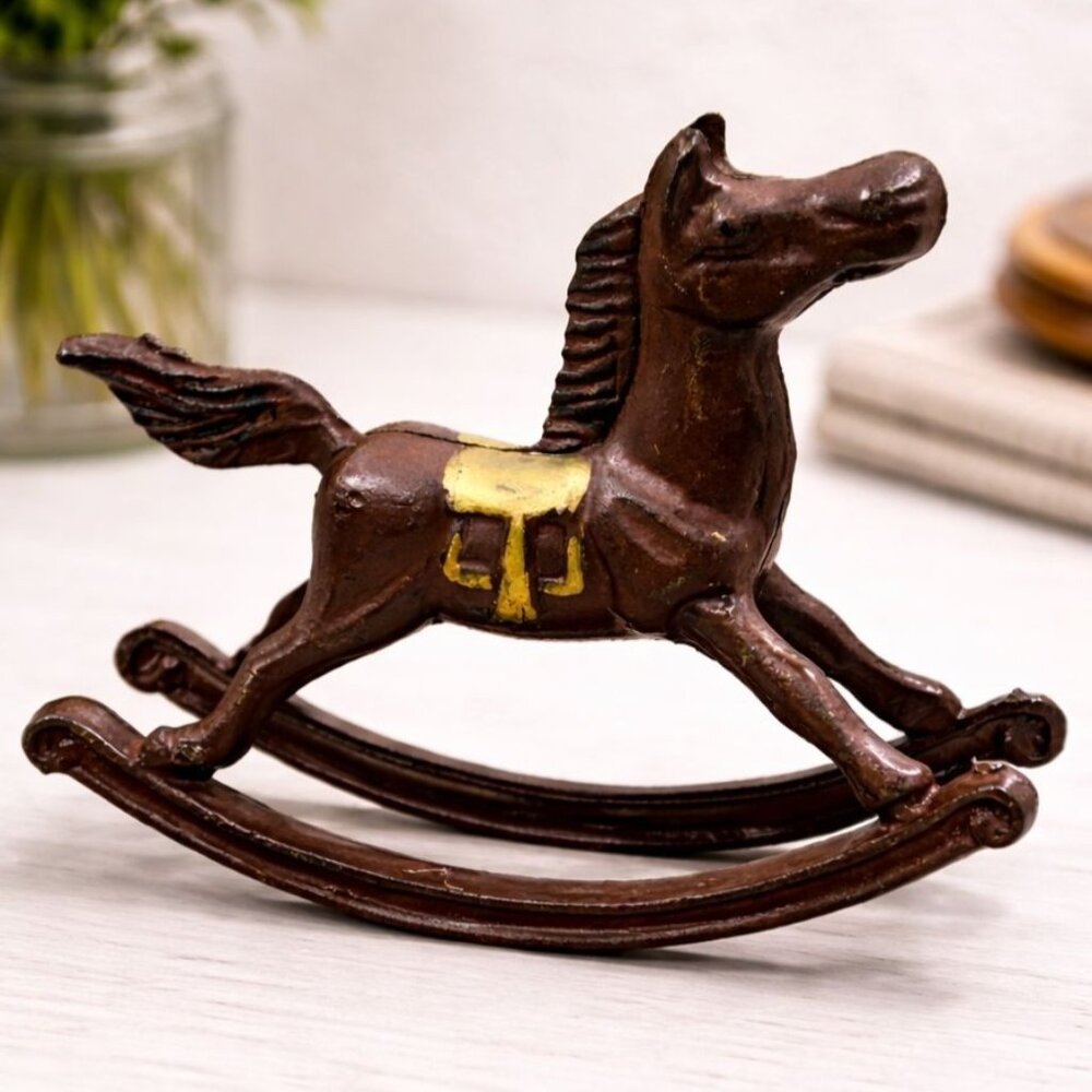 Vintage Cast Iron Rocking Horse Figurine With Gold Saddle Detail 5" Brown & Gold